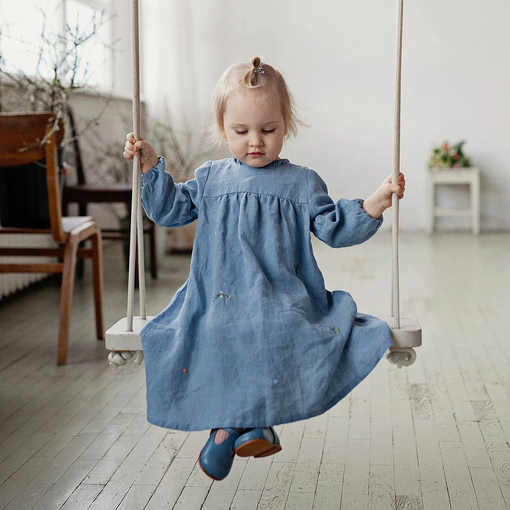 Belgian Linen Nordic Dress - Embroidered Long-Sleeve with Sash