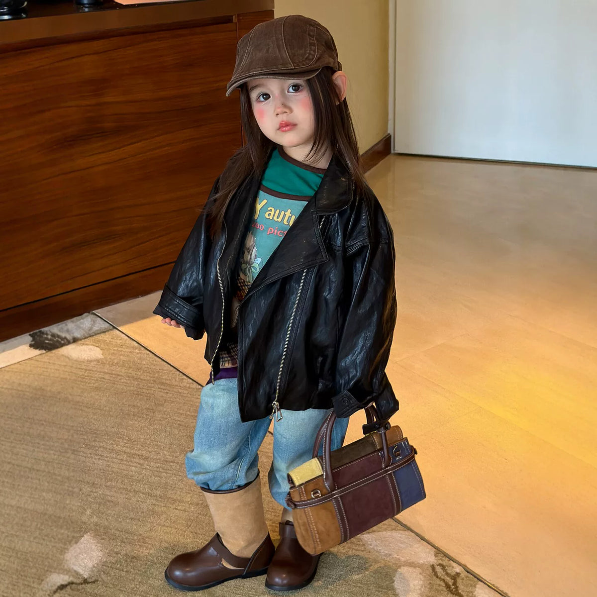 Girls PU Biker Jacket & Flare Jeans Set - Retro Moto Autumn