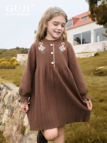 Girls Knit Princess Dress - Embroidered Autumn Long-Sleeve Gown