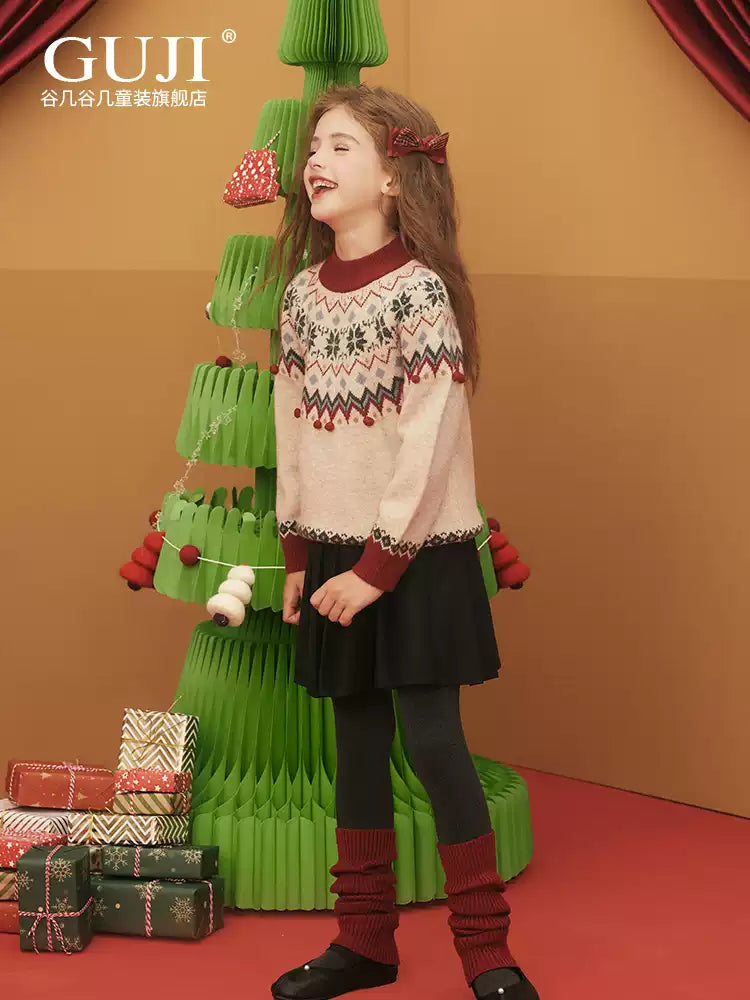 Girls Christmas Knit Sweater - Pom-Pom Festive Holiday Top