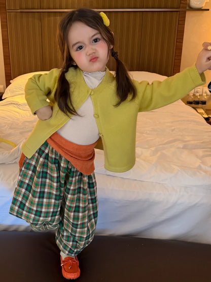 Girls Knit Cardigan, Base Top & Plaid Wide-Leg Pants Set - Retro Autumn 3-Piece