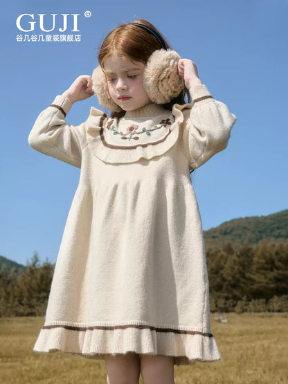 Girls Preppy Sweater Dress - Sweet Long-Sleeve Knit Midi