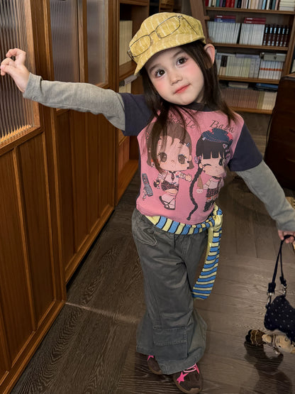 Girls Cartoon Tee & Cargo Flare Pants Set - Korean Autumn