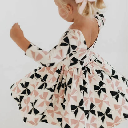Girls Nordic Linen Dress - Black Bow Long-Sleeve Autumn