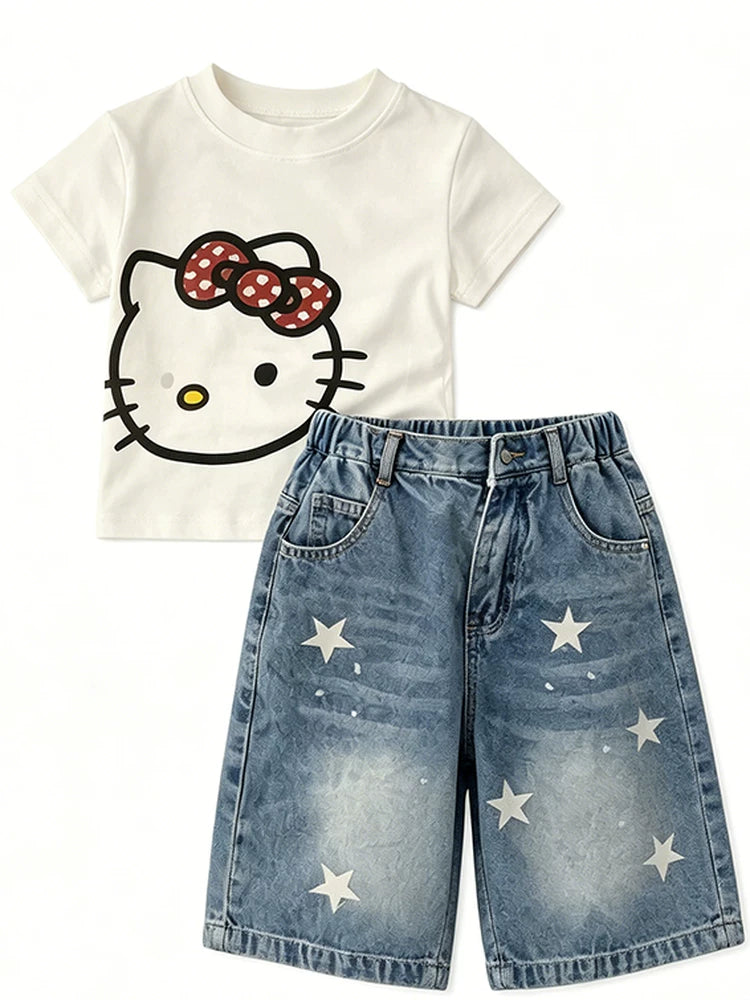 Girls Cartoon Tee & Star Denim Capri Set - Summer Mix & Match Outfit