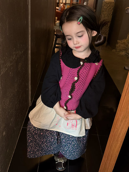 Girls Crochet Vest & Doll-Collar Shirt Set - Autumn Three-Piece