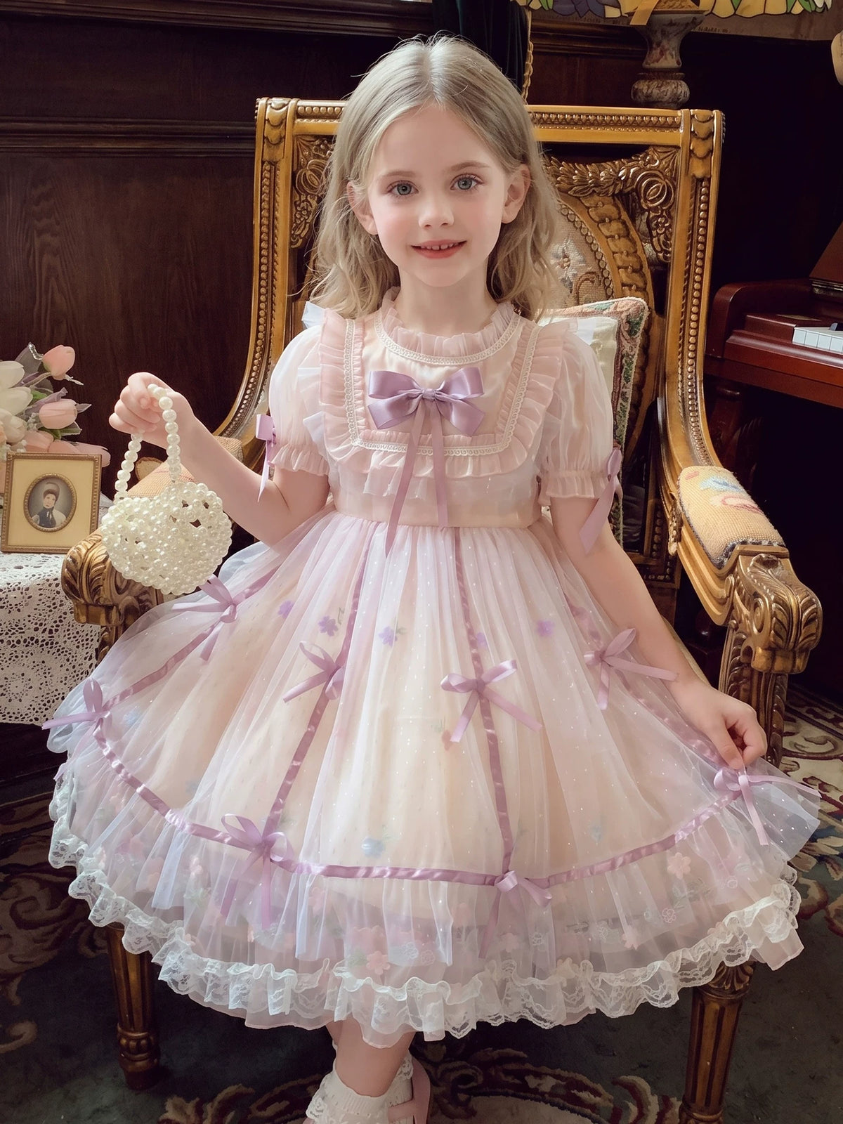 Girls Lolita Puff-Sleeve Dress - Layered Tulle Princess Gown
