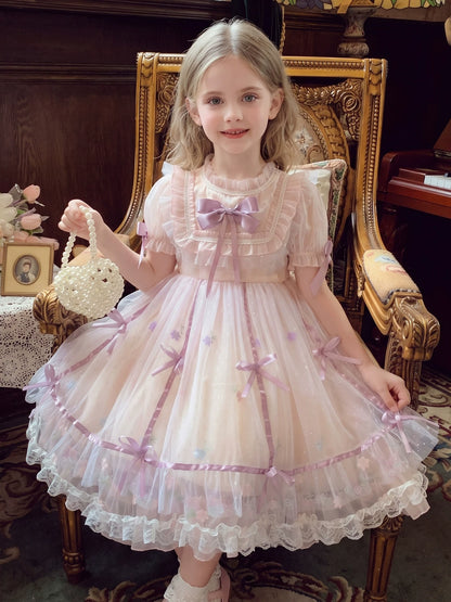 Girls Lolita Puff-Sleeve Dress - Layered Tulle Princess Gown