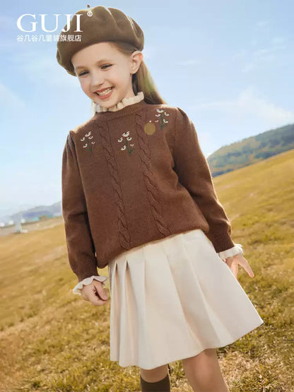 Girls Hand-Knit Crew-Neck Sweater - Embroidered Lace-Trim Pullover