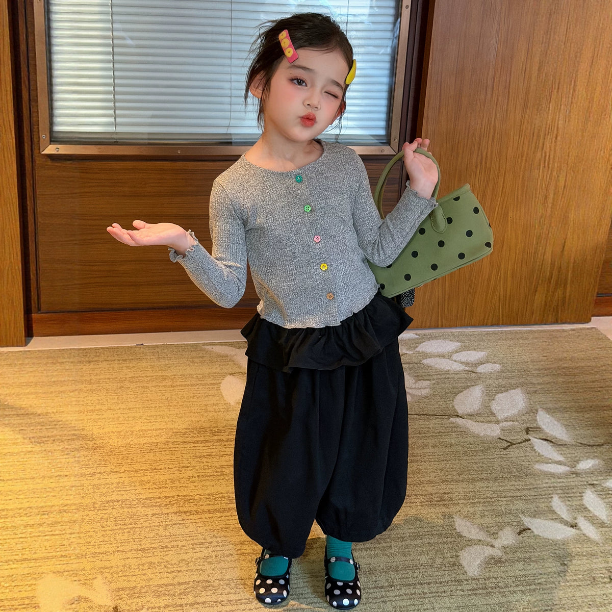 Girls Colourful Button Cardigan & Lantern Pants Set - Korean Layering