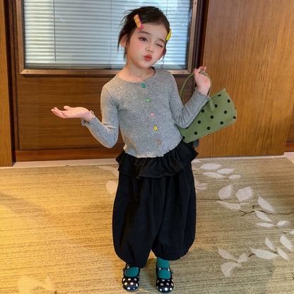 Girls Colourful Button Cardigan & Lantern Pants Set - Korean Layering