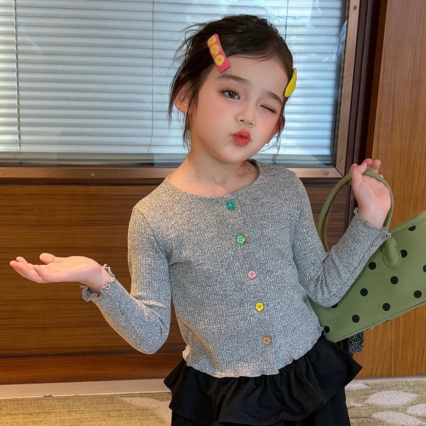 Girls Colourful Button Cardigan & Lantern Pants Set - Korean Layering