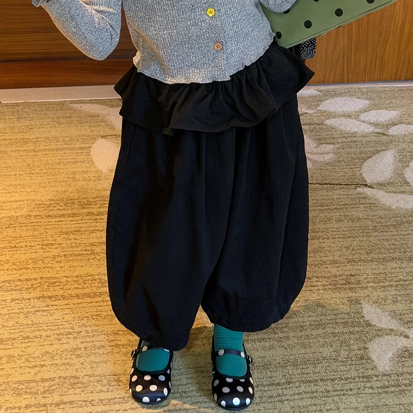 Girls Colourful Button Cardigan & Lantern Pants Set - Korean Layering