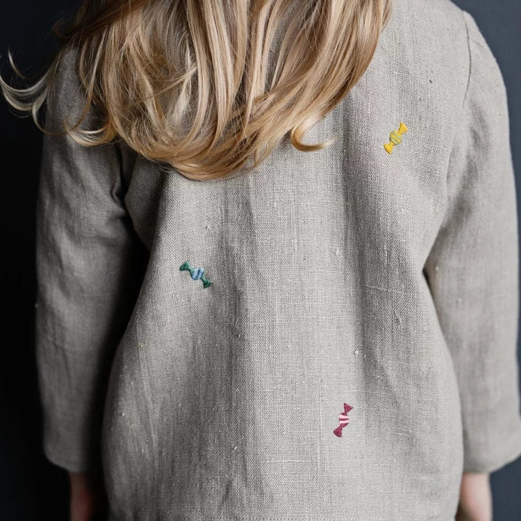 Girls Nordic Linen Shirt - Grey Embroidered Long-Sleeve