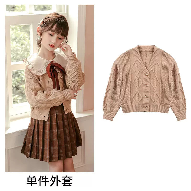 Girls Sweater & Pleated-Skirt Set - Preppy Three-Piece with Separates