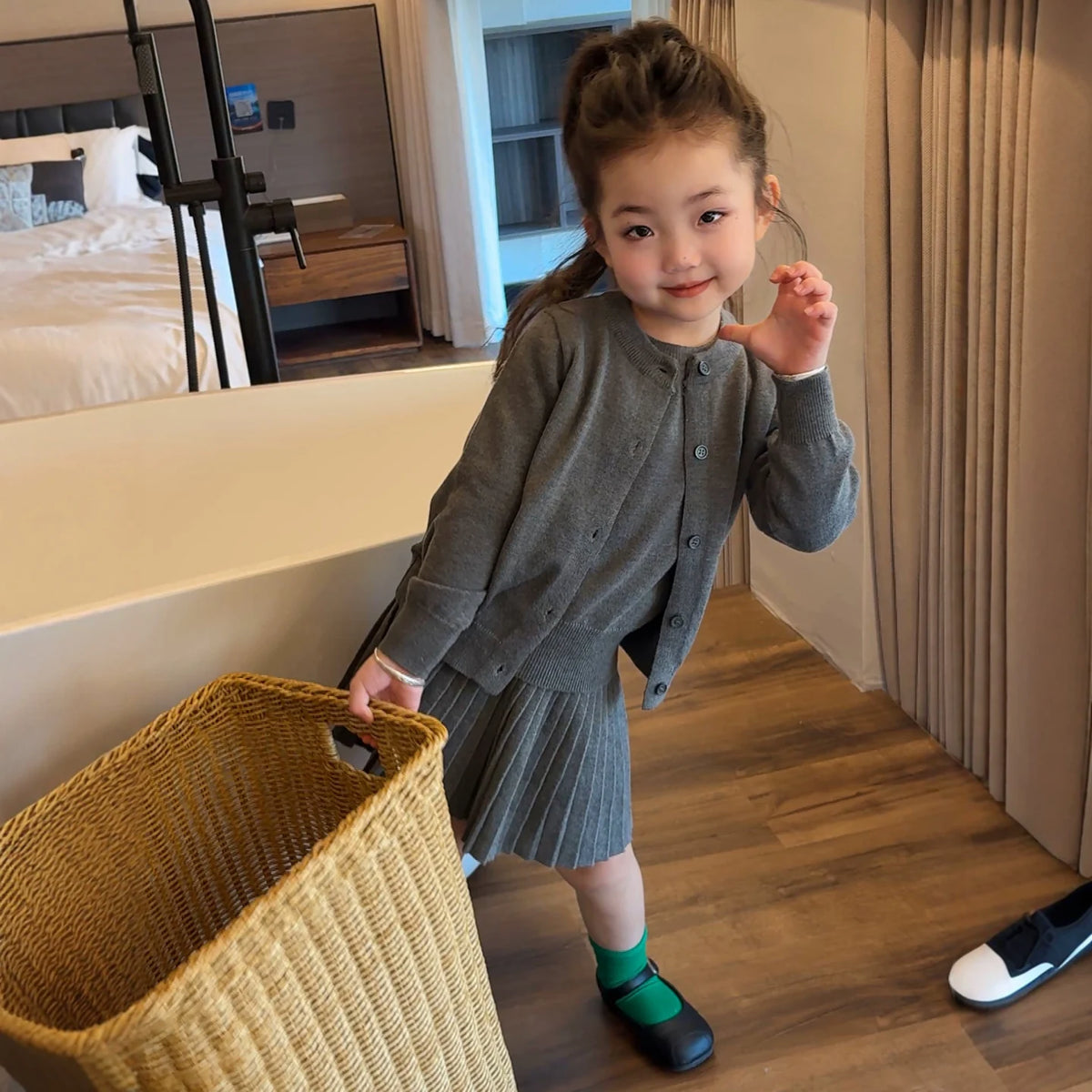 Girls Grey Knit Cardigan & Pleated Skirt Set - Preppy Three-Piece