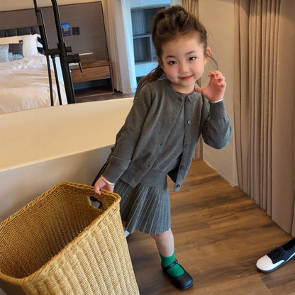 Girls Grey Knit Cardigan & Pleated Skirt Set - Preppy Three-Piece