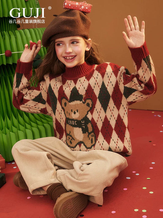 Girls Christmas Knit Cardigan - Festive Red Green Sweater Coat
