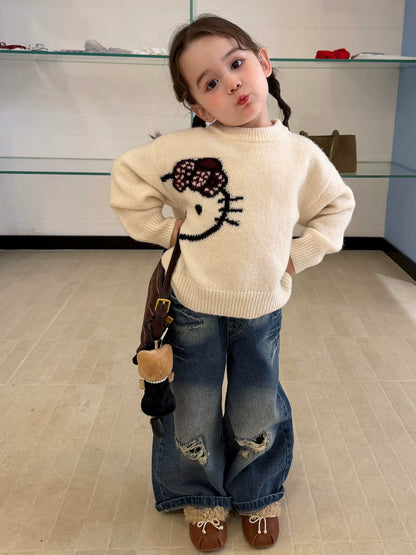 Girls Kitty Cartoon Sweater & Jeans Set - Soft Knit Autumn Two-Piece
