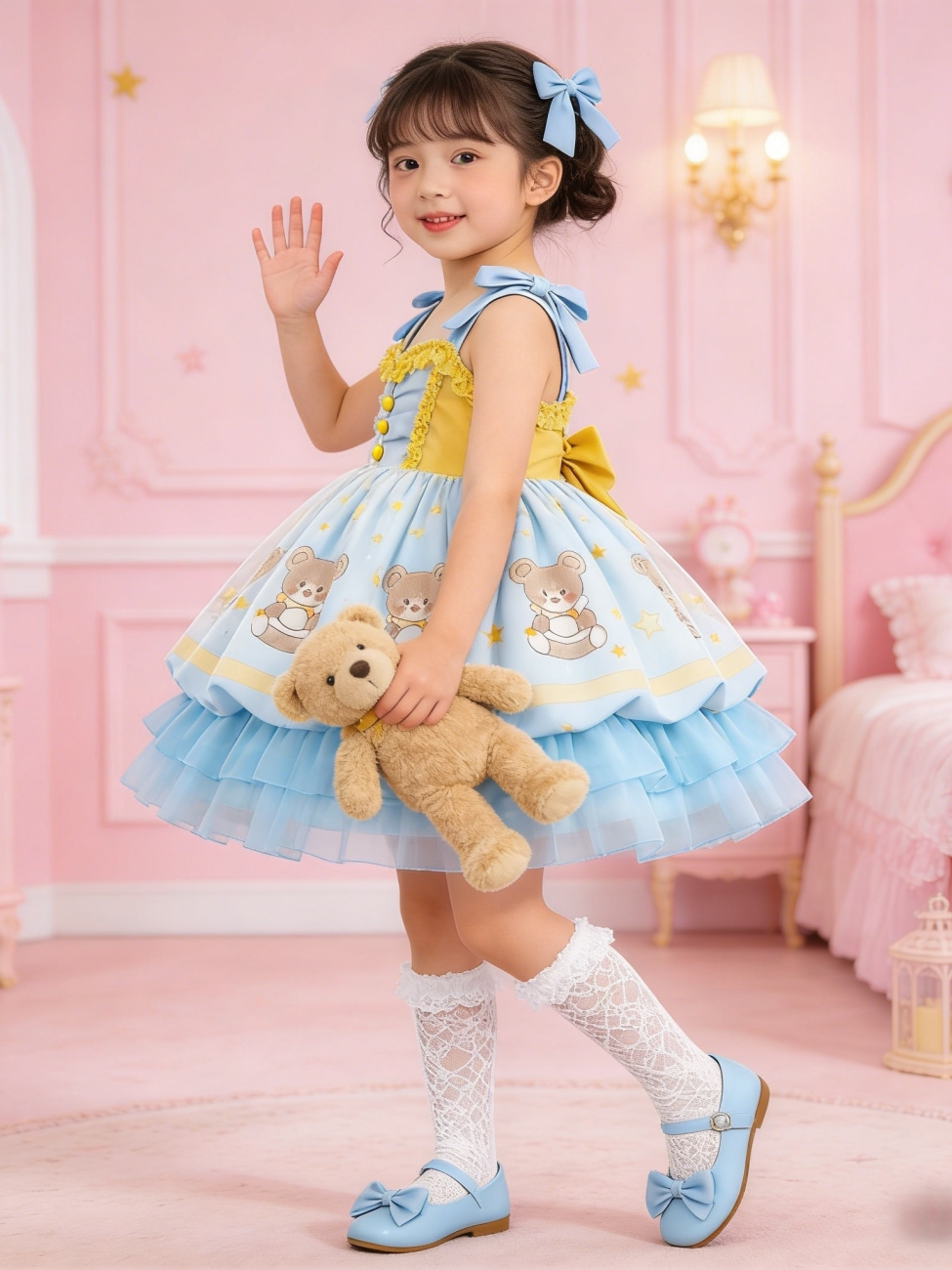 Girls Cartoon-Bear Lolita Sundress - Sweet Puffy Slip Princess Dress