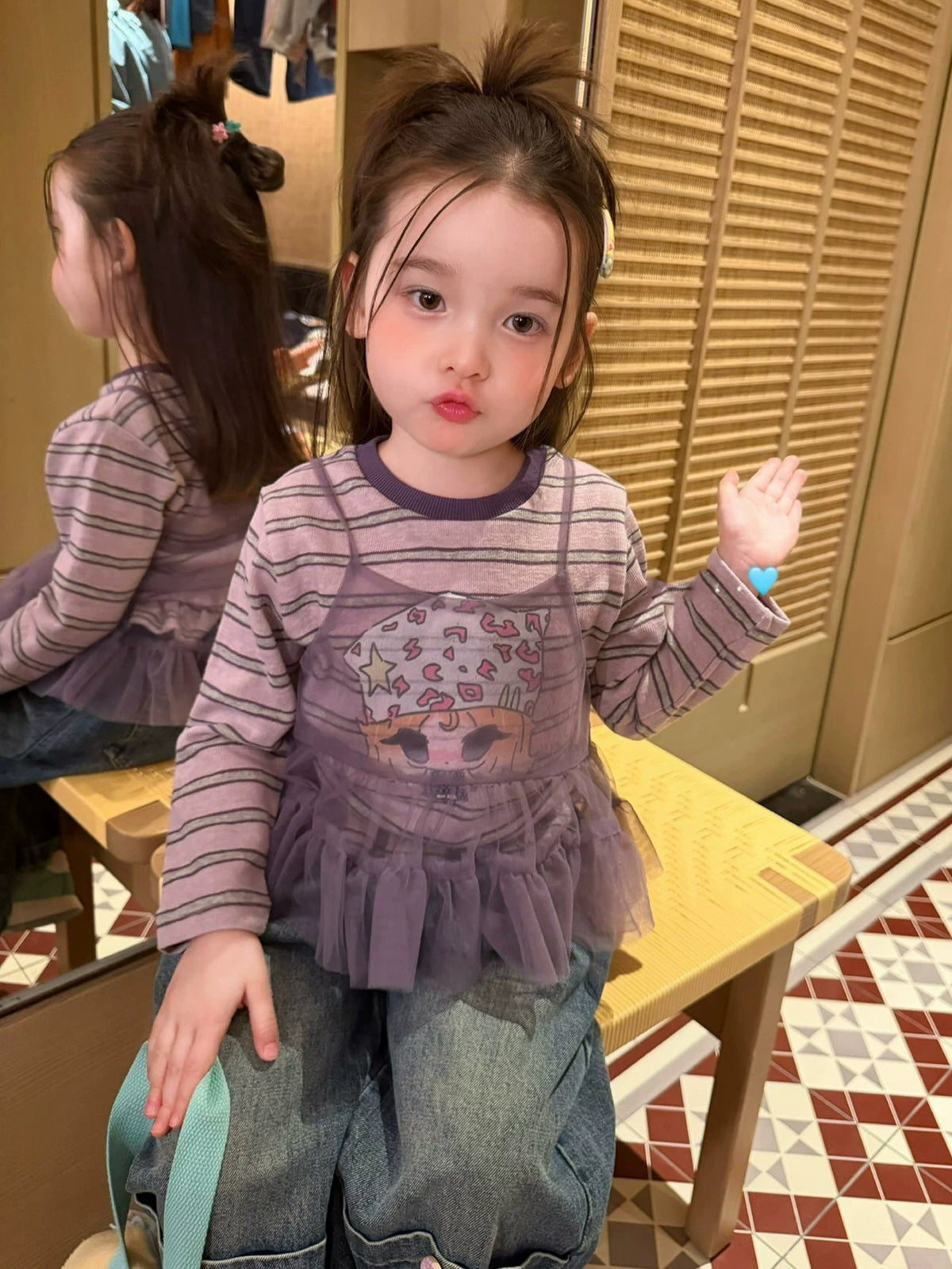 Girls Taro-Purple Layered Top & Jeans Set - Ruffle-Hem Autumn Separates
