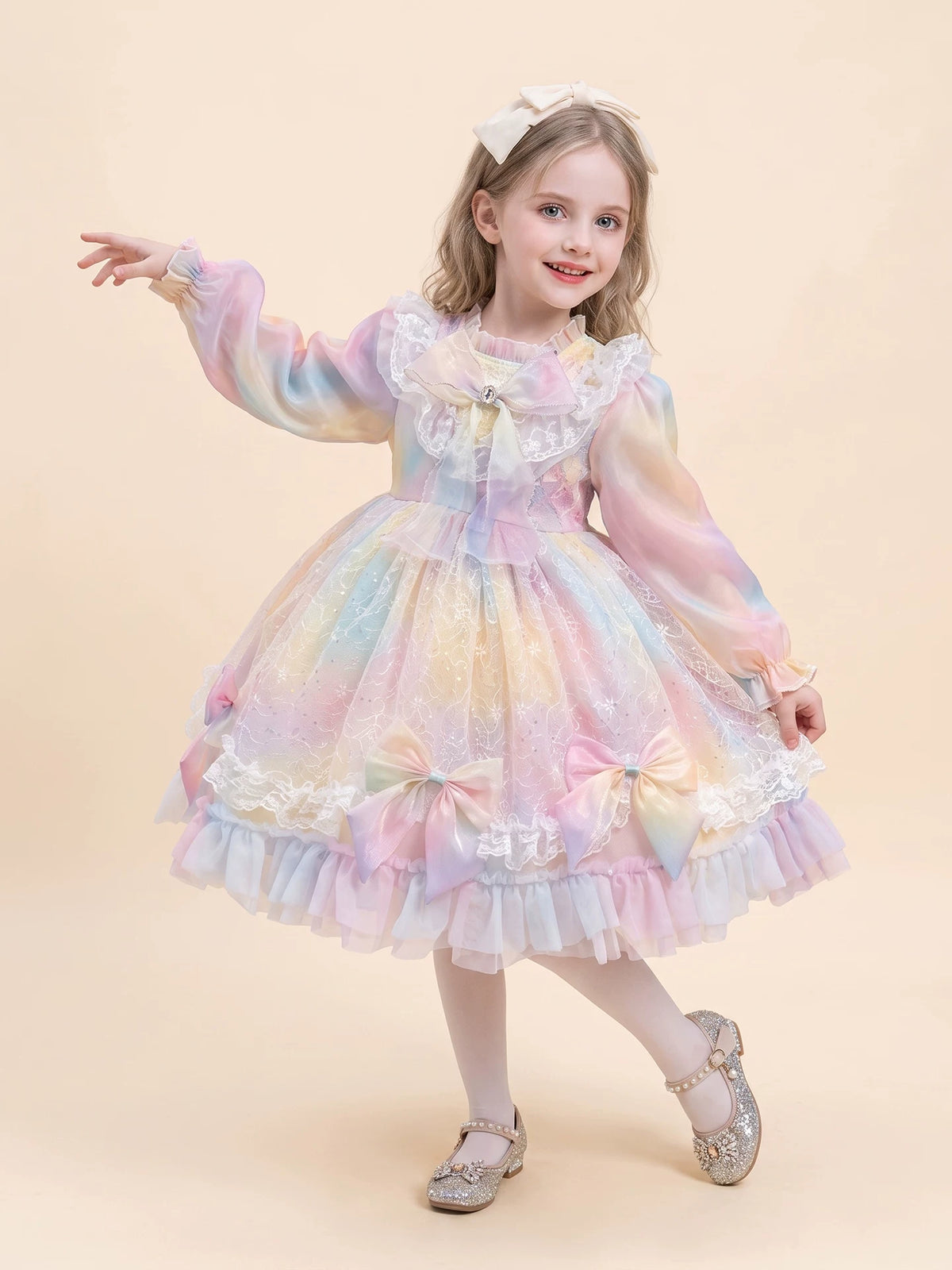 Girls Long-Sleeve Lolita Dress - Puffy Tulle Princess Dress in Pink
