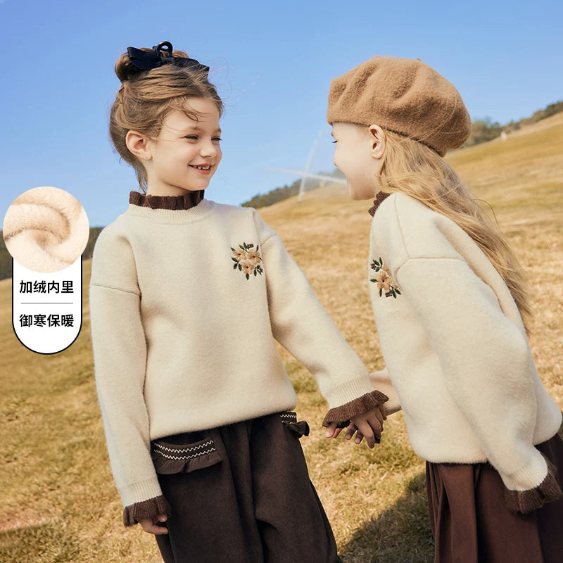 Girls Fleece-Lined Sweater - Cosy Ruffle-Trim Knit Pullover