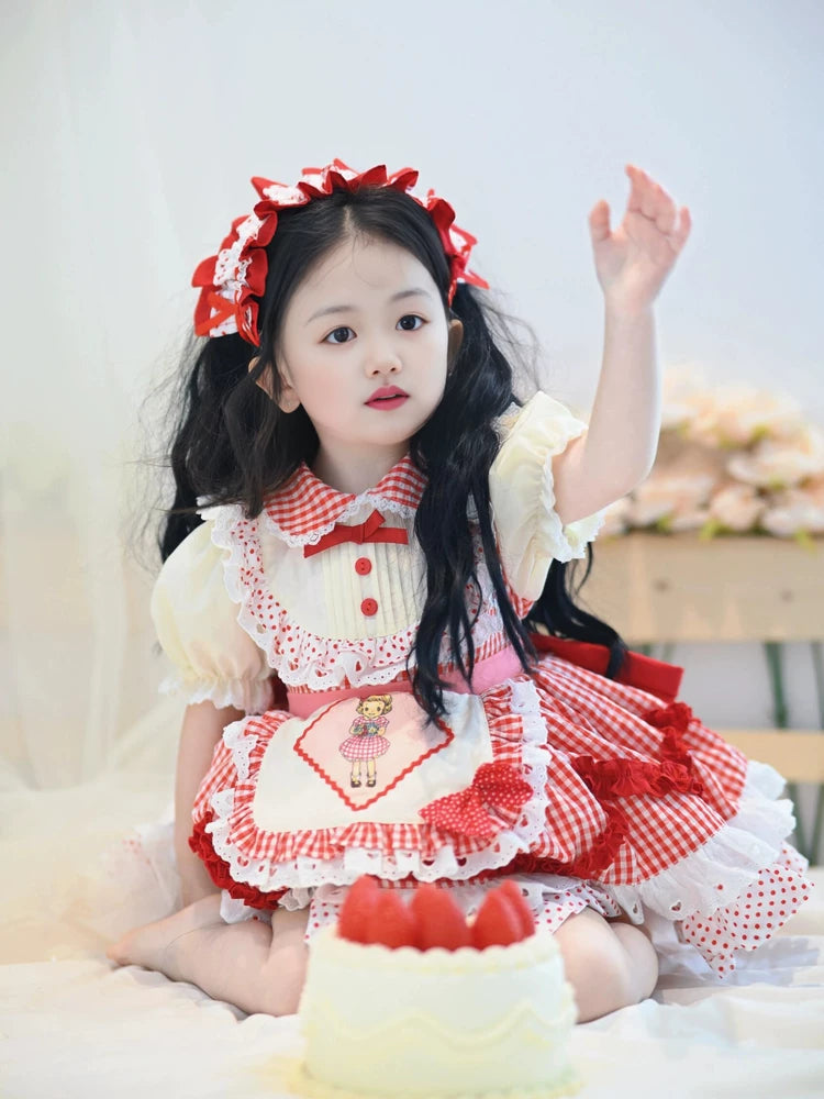 Girls Red-Plaid Lolita Dress - Summer Puffy Princess Dress with Hair Accessory Option