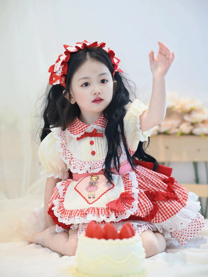 Girls Red-Plaid Lolita Dress - Summer Puffy Princess Dress with Hair Accessory Option