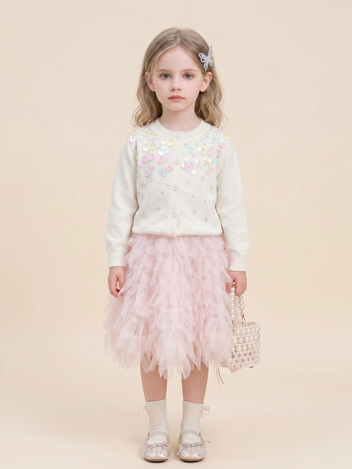 Girls Sequin Knit Cardigan - Soft Andrea-Yarn Top & Set Options