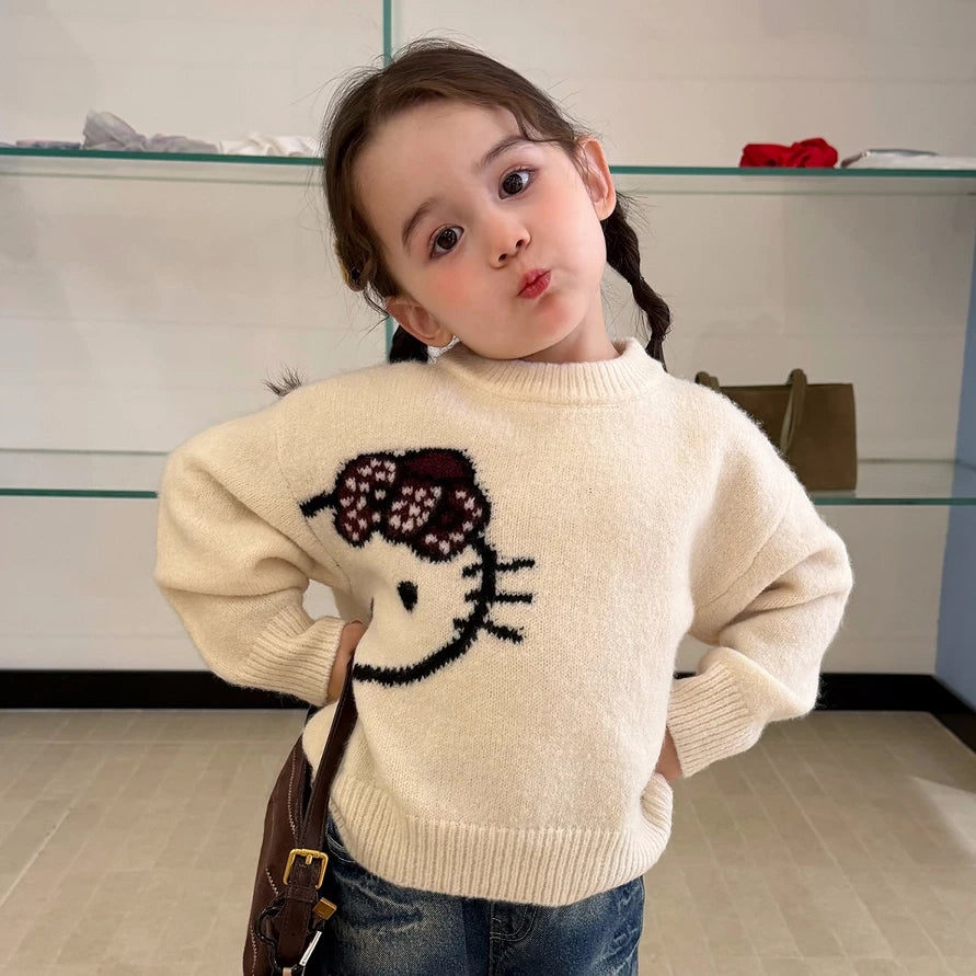 Girls Kitty Cartoon Sweater & Jeans Set - Soft Knit Autumn Two-Piece
