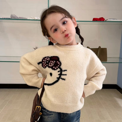 Girls Kitty Cartoon Sweater & Jeans Set - Soft Knit Autumn Two-Piece
