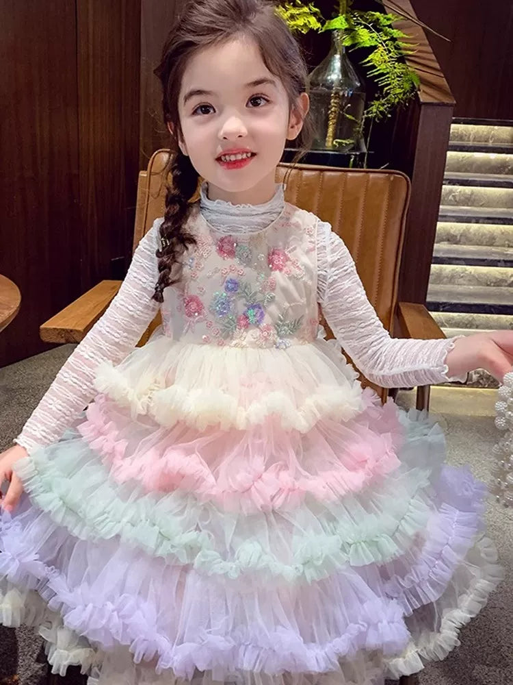 Girls Rainbow Layered Pinafore Dress - French-Style Princess