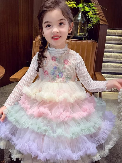 Girls Rainbow Layered Pinafore Dress - French-Style Princess