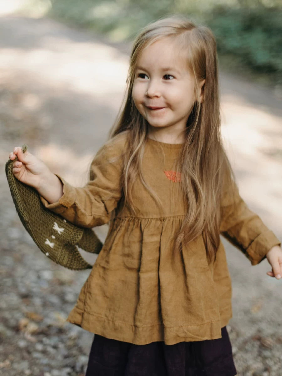 Girls Pure Linen Embroidered Shirt - Nordic Long-Sleeve Top