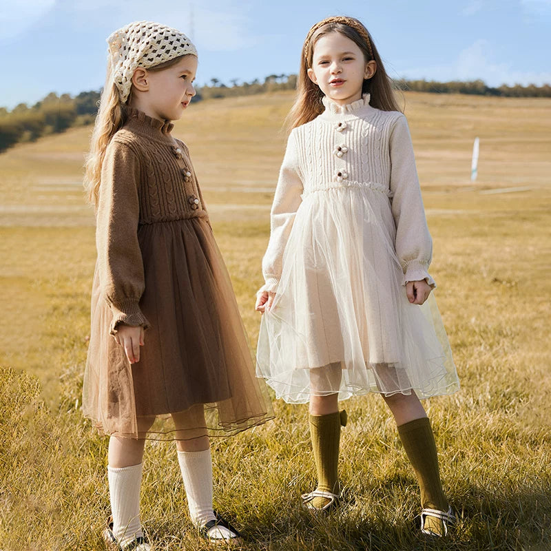 Girls Pink Mesh-Knit Dress - Winter Princess Gown with Tulle