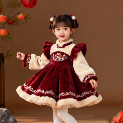 Girls Flutter-Sleeve New-Year Lolita Dress - Fuzzy Puffy Birthday Princess Gown