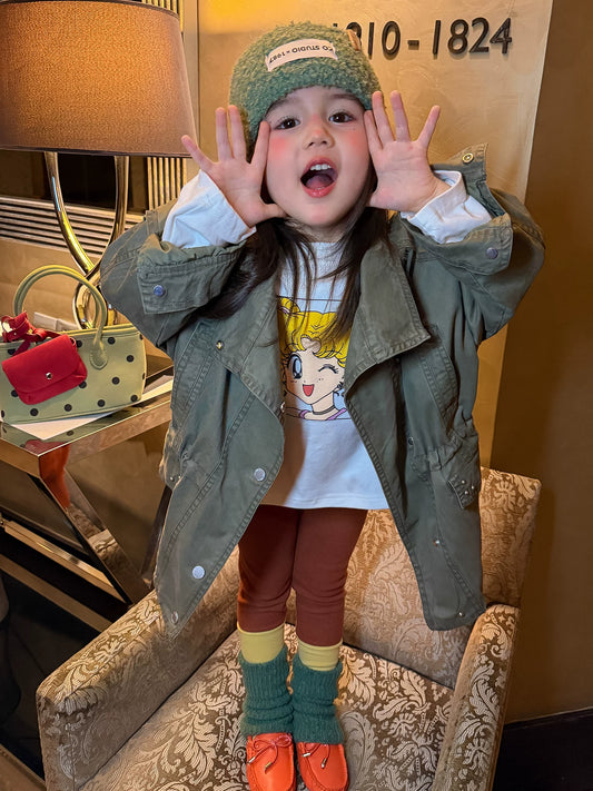 Girls Mid-Length Trench Coat, Top & Leggings Set - Korean Autumn Separates