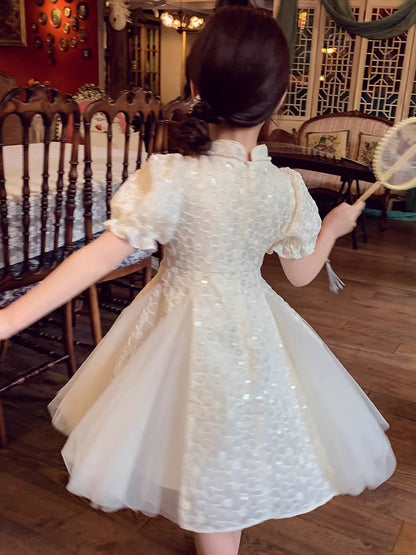 Girls Qipao-Style Dress - Chinese-Style Mesh Princess Dress