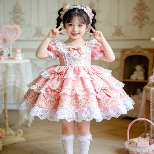 Girls Lace-Embroidered Lolita Dress - Premium Puffy Birthday Princess Gown