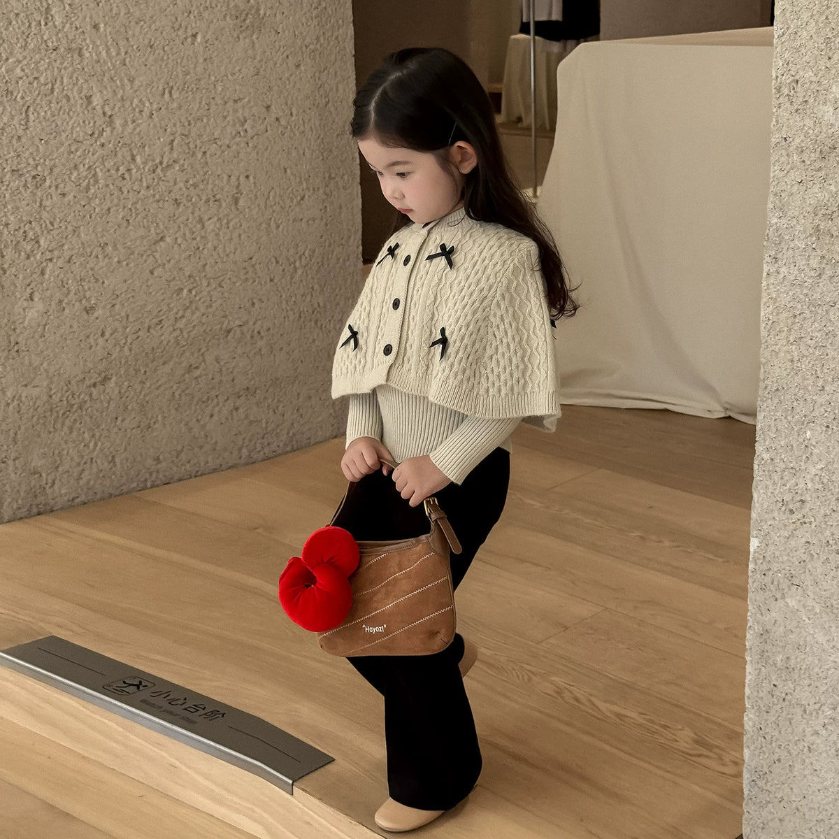 Girls Cape Sweater & Flare Pants Set - Bow-Detail Autumn Two-Piece