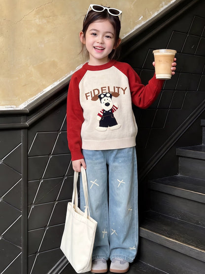 Girls Knit Sweater & Wide-Leg Jeans Set - Soft Autumn Two-Piece