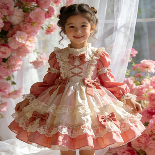 Girls French-Style Lolita Dress - Peach-Pink Couture Birthday Gown