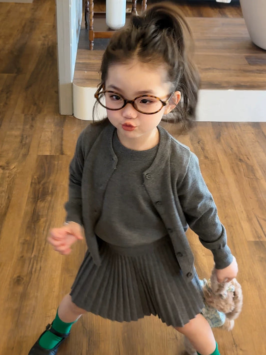 Girls Grey Knit Cardigan & Pleated Skirt Set - Preppy Three-Piece