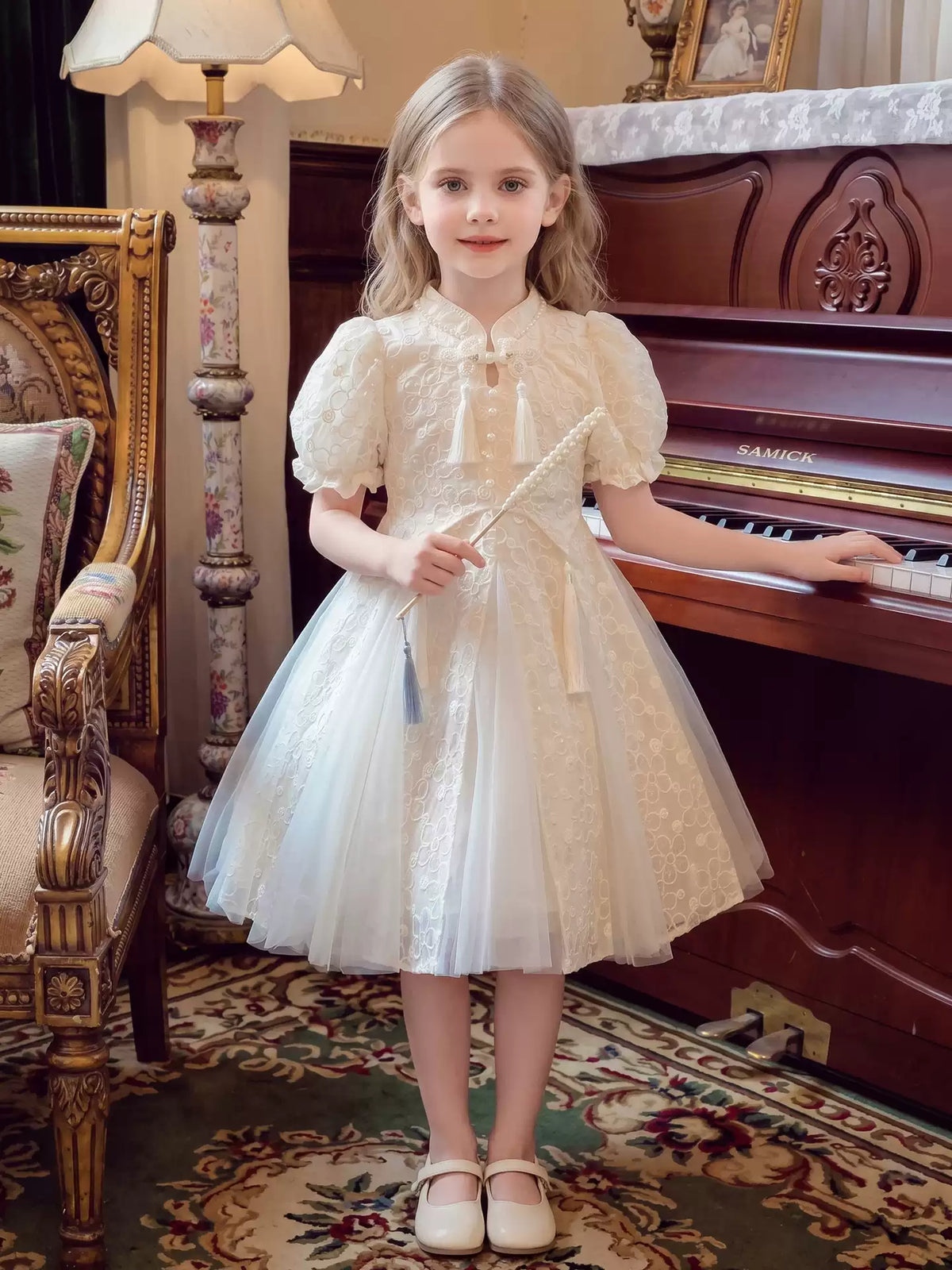 Girls Qipao-Style Dress - Chinese-Style Mesh Princess Dress