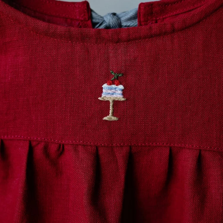 Girls Nordic Pure Linen Dress - Red Long-Sleeve Autumn
