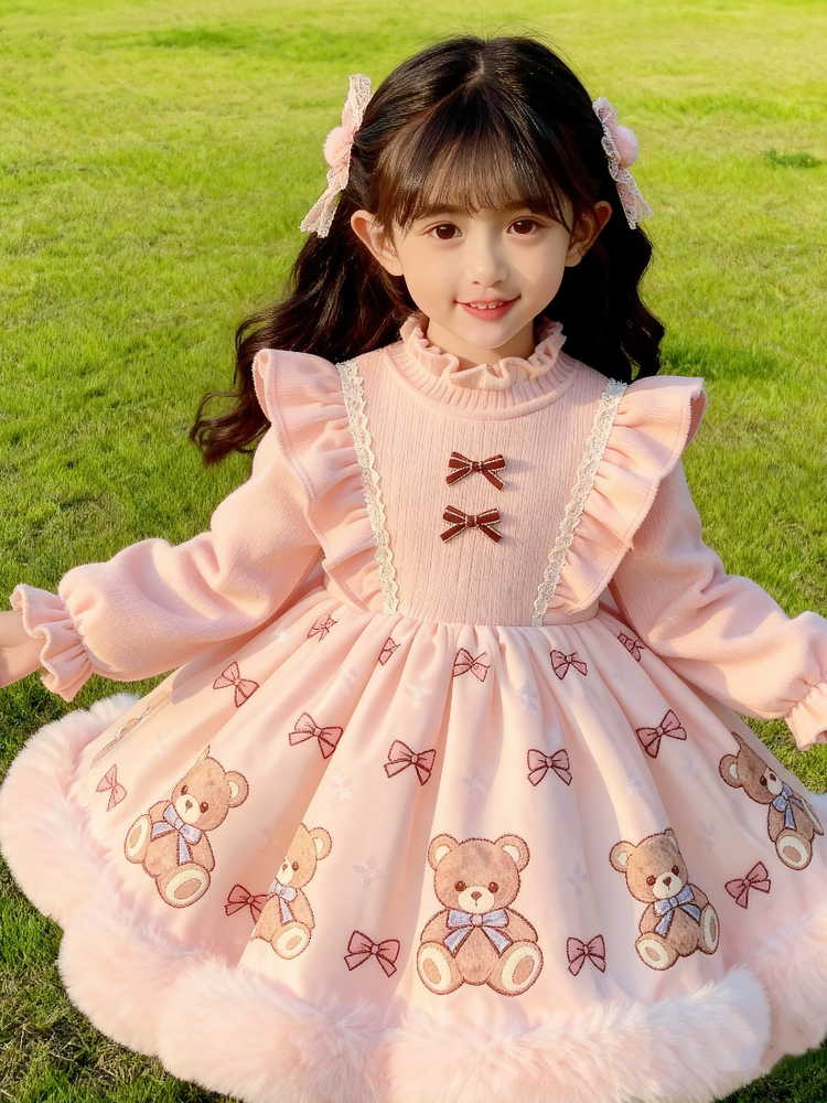 Girls Pink Bunny Fleece-Lined Lolita Dress - Sweet Birthday Princess Gown