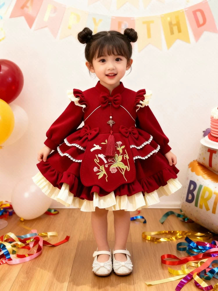 Girls Red Fleece-Lined Lolita Birthday Dress - Festive Puffy Gown