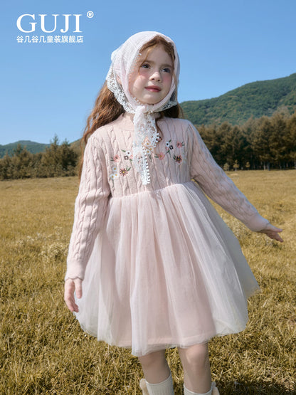Girls Princess Mesh Knit Dress - Embroidered Winter Sweater Dress
