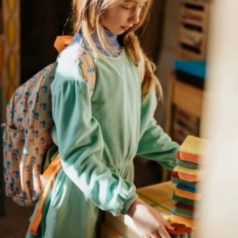 Girls Nordic Linen Dress - Violet Long-Sleeve Autumn